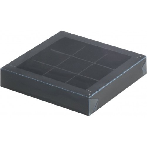 Коробка для конфет на 9 шт с пластиковой крышкой (черная) 155х155х30 мм (50 шт)