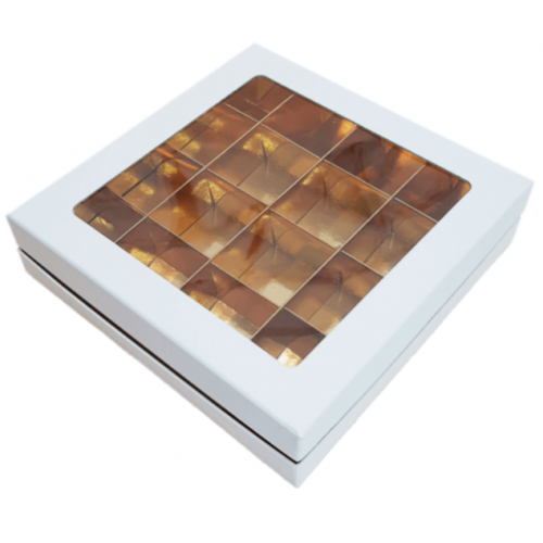 Коробка для конфет на 16 шт ЛЮКС с окном (белая/золото) 180х180х45 мм (36 шт)
