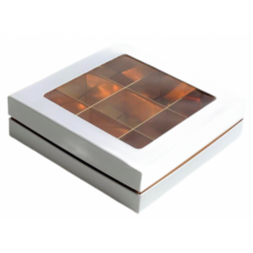 Коробка для конфет на 9 шт ЛЮКС с окном (белая/золото) 160х160х45 мм (34 шт)