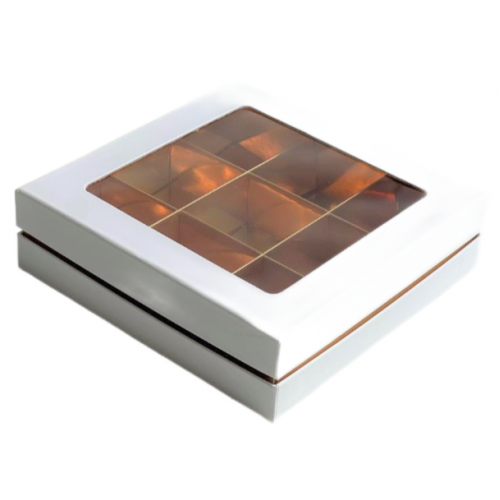 Коробка для конфет на 9 шт ЛЮКС с окном (белая/золото) 160х160х45 мм (34 шт)