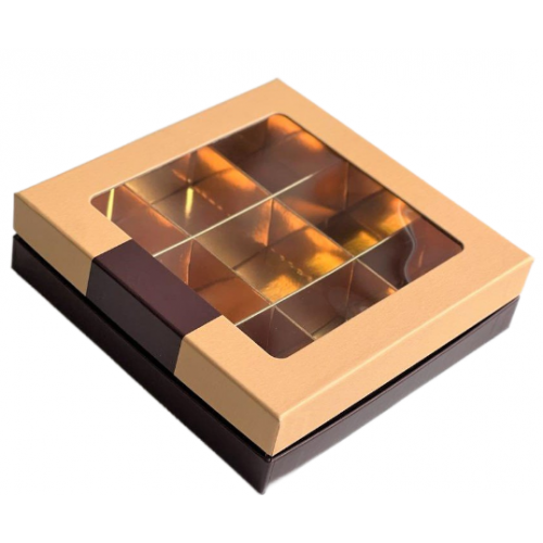 Коробка для конфет на 9 шт ЛЮКС с окном (шоколадно-бежевая/золото) 160х160х45 мм (34 шт)