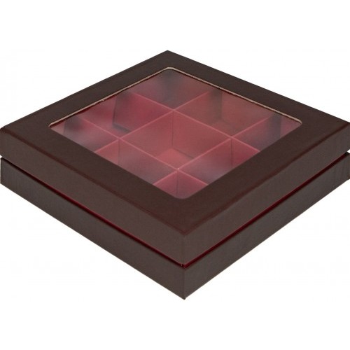 Коробка для конфет на 9 шт ЛЮКС с окном (шоколад/красная матовая) 160х160х45 мм (34 шт)