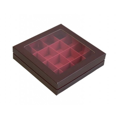 Коробка для конфет на 16 шт ЛЮКС с окном (шоколад/красная матовая) 180х180х45 мм (36 шт)