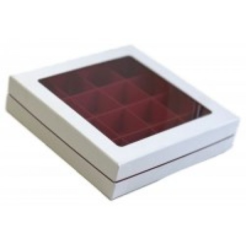 Коробка для конфет на 16 шт ЛЮКС с окном (белая/красная матовая) 180х180х45 мм (36 шт)