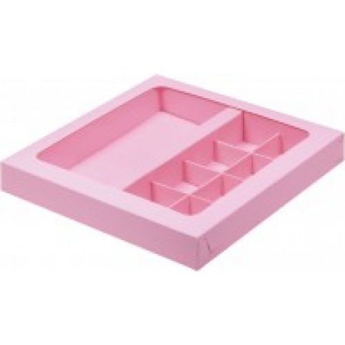 Коробка для конфет на 8 шт с вклеенным окном (розовая) 200/200/30 мм + шоколад. плитки 160/80 мм (50 шт)