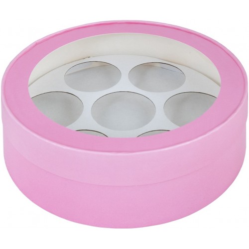 Коробка для макарон круглая с окном и ложементом на 7 шт (розовая матовая) 200х60 мм (35 шт)