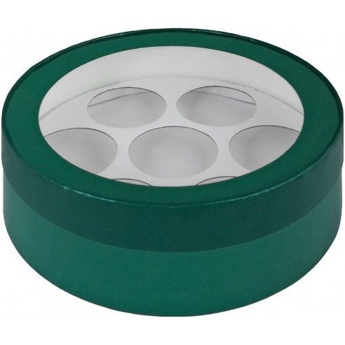 Коробка для макарон круглая с окном и ложементом на 7 шт (зеленая матовая) 200х60 мм (35 шт)