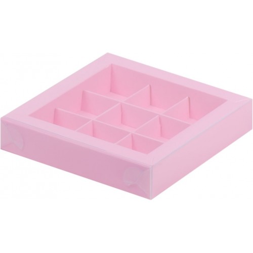 Коробка для конфет на 9шт с пластиковой крышкой (розовая) 155/155/30мм (50 шт)