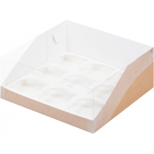 Коробка для капкейков на 9шт ПРЕМИУМ с пластиковой крышкой (крафт) 235/235/100 мм (50 шт)