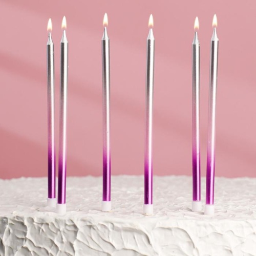 Свечи в торт "С днем рождения" высокие, фиолетовый, розовый, серебро (6 шт) 4 шт