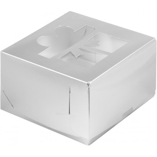 Коробка для капкейков на 4шт с окном (Подарок серебро) 160/160/100мм (50 шт)