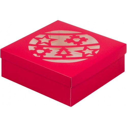 Коробка для зефира, тортов и пирожных с прозрачным окном (Новогодний шар красная) 200/200/70мм (50 шт)