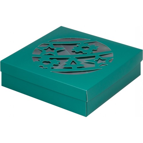 Коробка под ассорти сладостей с прозрачным окном (Новогодний шар-зеленая матовая) 200/200/55 мм (50 шт)