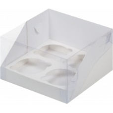 Коробка для капкейков на 4 шт ПРЕМИУМ с пластиковой крышкой (белая) 160х160х100 мм (50 шт)