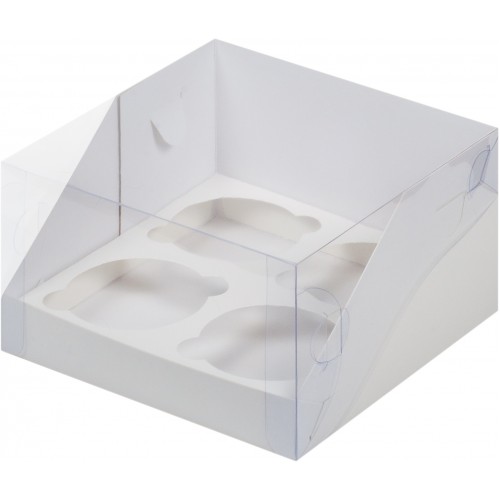 Коробка для капкейков на 4 шт ПРЕМИУМ с пластиковой крышкой (белая) 160х160х100 мм (50 шт)