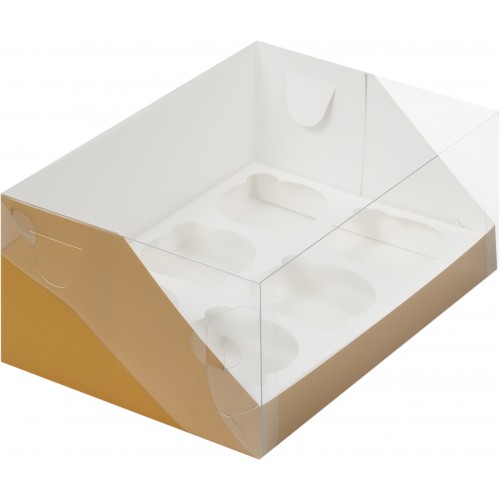 Коробка для капкейков на 6 шт ПРЕМИУМ с пластиковой крышкой (крафт) 235/160/100 (50 шт)
