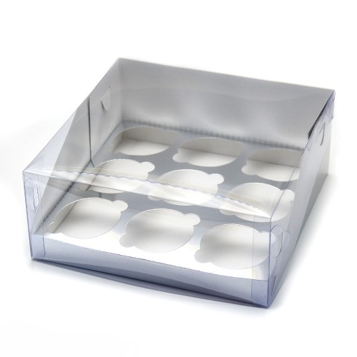 Коробка для капкейков на 9 шт ПРЕМИУМ с пластиковой крышкой (серебро) 235х235х100мм (50 шт)