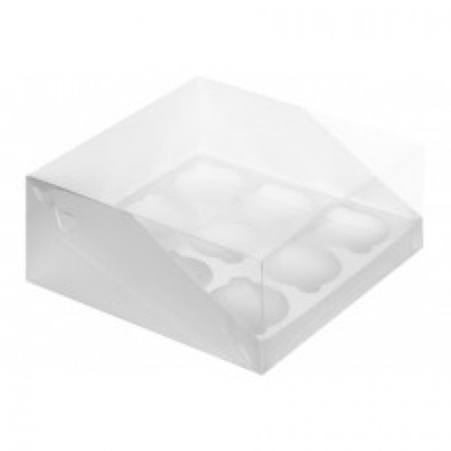Коробка для капкейков на 9 шт ПРЕМИУМ с пластиковой крышкой (белая) 235х235х100 мм (50 шт)