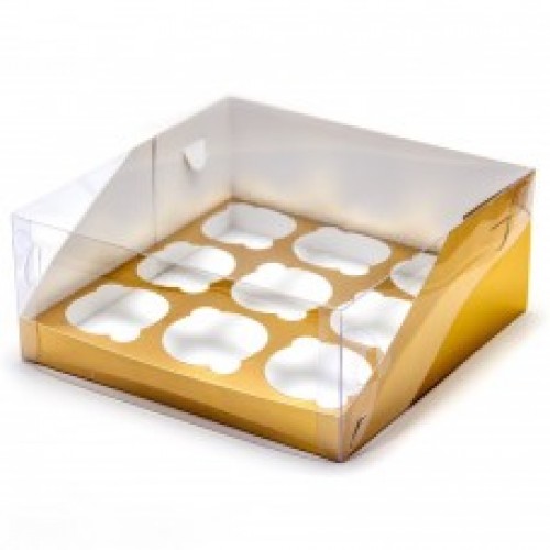 Коробка для капкейков на 9 шт ПРЕМИУМ с пластиковой крышкой (золото) 235х235х100 мм (50 шт)