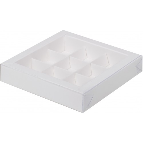 Коробка для конфет на 9 шт с пластиковой крышкой (белая) 155х155х30 мм (50 шт)