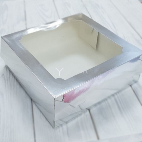 Коробка для зефира и печенья с окном (серебро) 200х200х70 мм (50 шт)