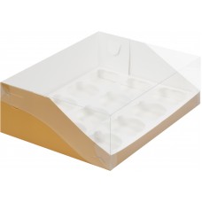 Коробка для капкейков на 12 шт с пластиковой крышкой (золото) 310х235х100 мм (50 шт)