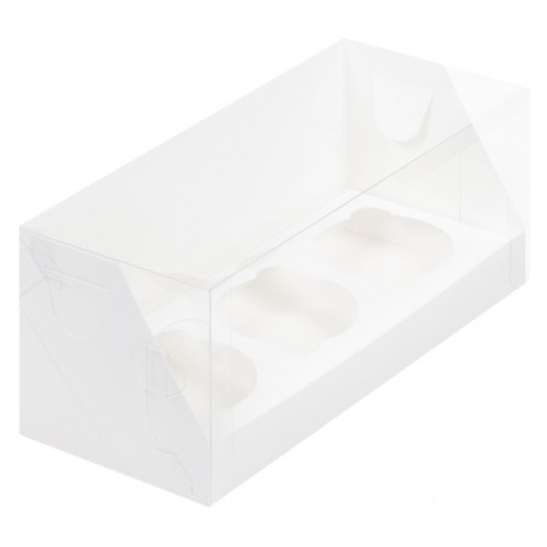 Коробка для капкейков на 3 шт ПРЕМИУМ с пластиковой крышкой (белая) 240х100х100 мм (50 шт)