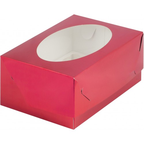 Коробка для капкейков на 6 шт с окном (красная) 235/160/100 мм (50 шт)