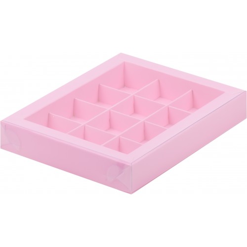 Коробка для конфет на 12 шт с пластиковой крышкой (розовая) 190х150х30 мм (50 шт)