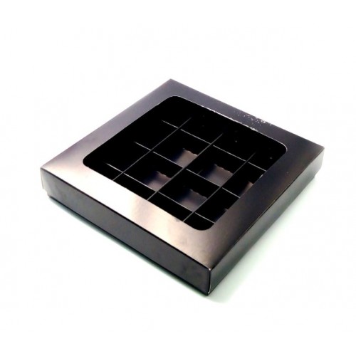 Коробка для конфет на 16 шт с пластиковой крышкой (черная) 200х200х30 мм (50 шт)