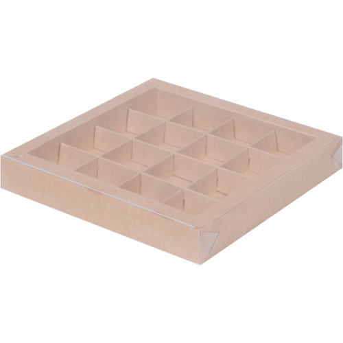 Коробка для конфет на 16 шт с пластиковой крышкой (крафт) 200х200х30 мм (50 шт)