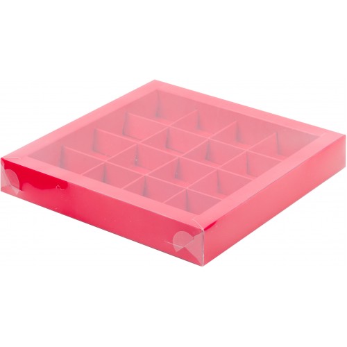 Коробка для конфет на 16 шт с пластиковой крышкой (красная) 200х200х30 мм (50 шт)