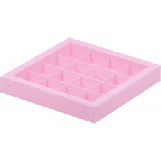 Коробка для конфет на 16 шт с пластиковой крышкой (розовая) 200х200х30 мм (50 шт)