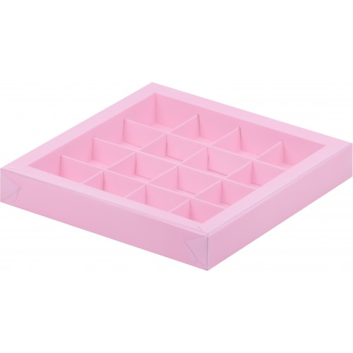 Коробка для конфет на 16 шт с пластиковой крышкой (розовая) 200х200х30 мм (50 шт)