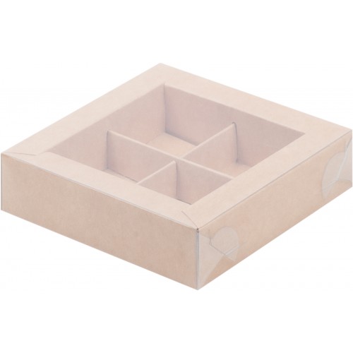 Коробка для конфет на 4 шт с пластиковой крышкой (крафт) 120х120х30 мм (50 шт)