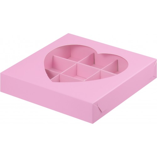 Коробка для конфет на 9 шт с окном сердце (розовая) 155/155/30 мм (50 шт)