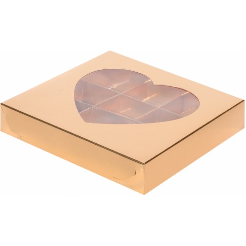 Коробка для конфет на 9 шт с окном сердце (золото) 160х160х30 мм (50 шт)
