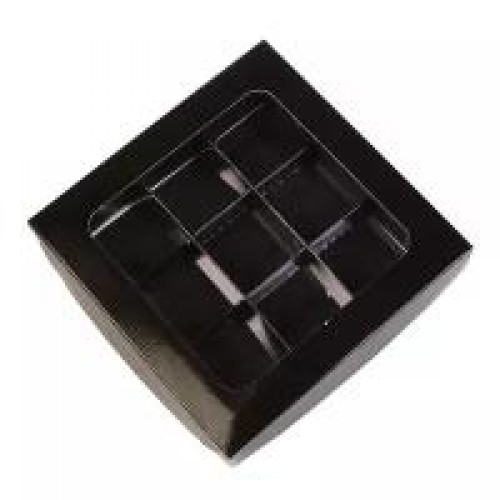 Коробка для конфет на 9 шт с пластиковой крышкой (черная) 155х155х30 мм (50 шт)