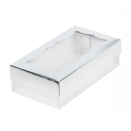Коробка для макарон с фигурным окном (серебро) 210х110х55 мм (50 шт)