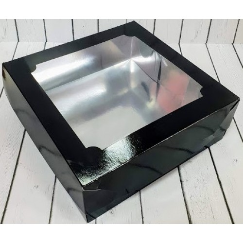Коробка для зефира и печенья 200х200х70 мм с окном (черная) 50 шт