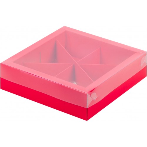 Коробка под ассорти сладостей с пластиковой крышкой (красная) 200/200/55 мм (50 шт)