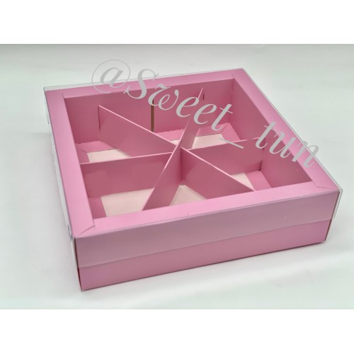 Коробка под ассорти сладостей с пластиковой крышкой (розовая) 200/200/55 мм (50 шт)