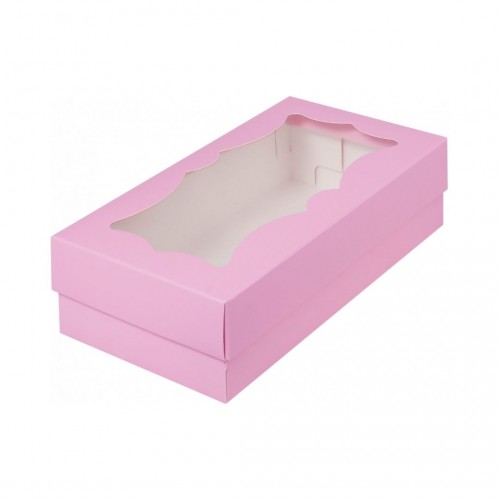Коробка для макарон с фигурным окном (розовая) 210/110/55 мм (50 шт)