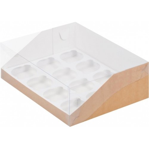 Коробка для капкейков на 12шт с пластиковой крышкой (крафт) 310/235/100мм (50 шт)