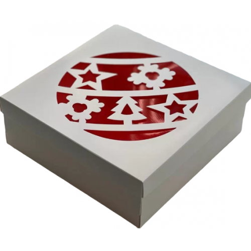Коробка под ассорти сладостей с красным окном (Новогодний шар белая) 200х200х55 мм (50 шт)