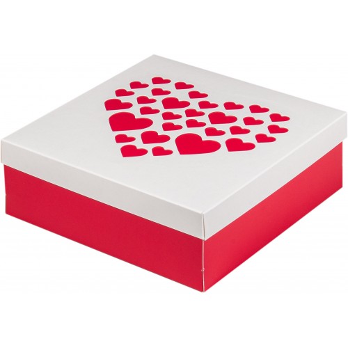 Коробка для зефира, тортов и пирожных с крышкой (бело-красная с сердечками) 200/200/70мм (50 шт)