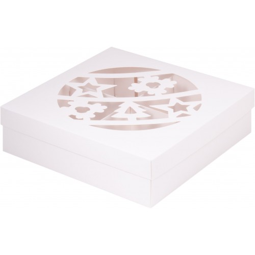 Коробка для зефира, тортов и пирожных с прозрачным окном (Новогодний шар белая) 200/200/70мм (50 шт)