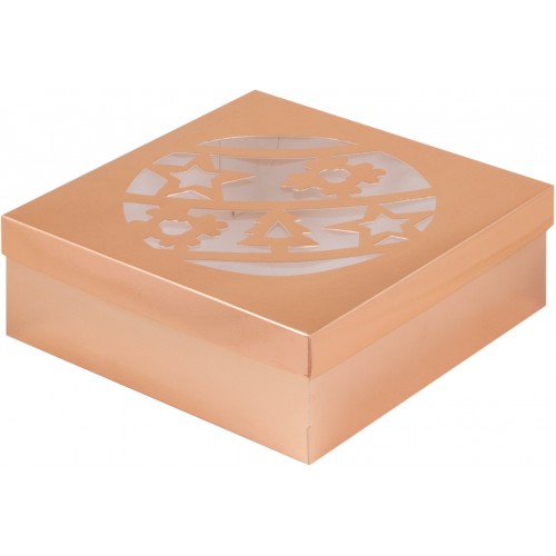 Коробка для зефира, тортов и пирожных с прозрачным окном (Новогодний шар золото) 200/200/70мм (50 шт)