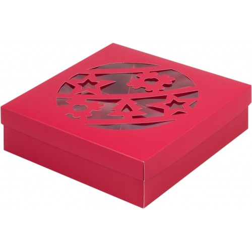 Коробка под ассорти сладостей с прозрачным окном (Новогодний шар красная) 200/200/55 мм (50 шт)