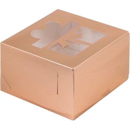 Коробка для капкейков на 4 шт с окном (Подарок золото) 160х160х100 мм (50 шт)
